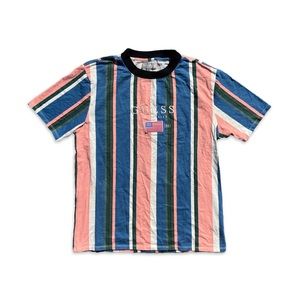 Guess Los Angeles Men’s Skater Boxy Striped Green and Pink Tee, Size Medium